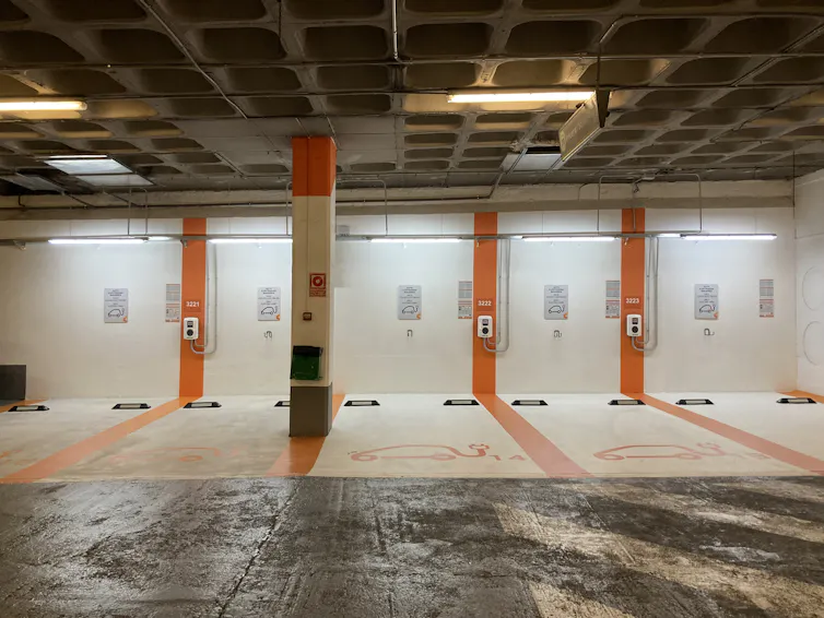 Electric vehicle charging points in an underground car park in Bilbao, Spain.