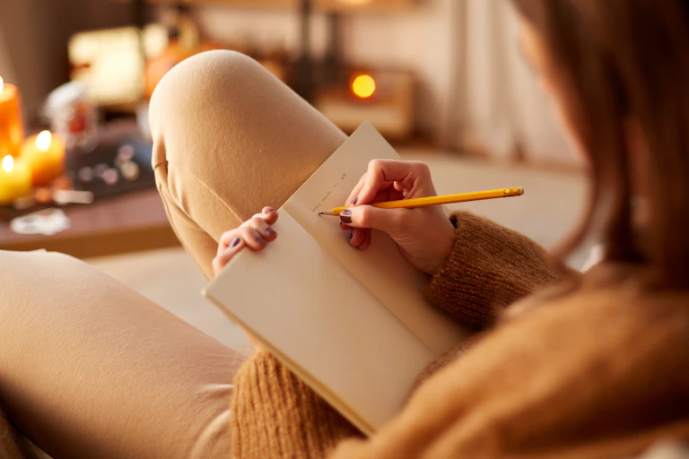view over the shoulder of a woman writing in a journal