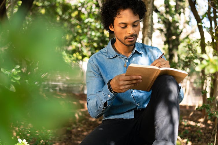 A young man sits on the ground in a forest writing in a journal