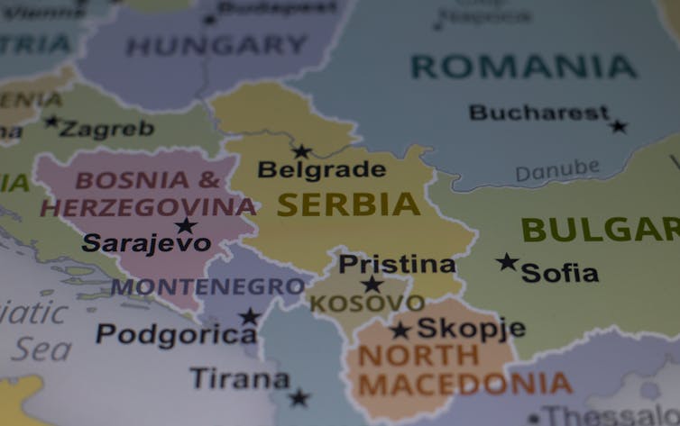 Map of the Balkans showing Serbia, Kosovo and Bosnia.