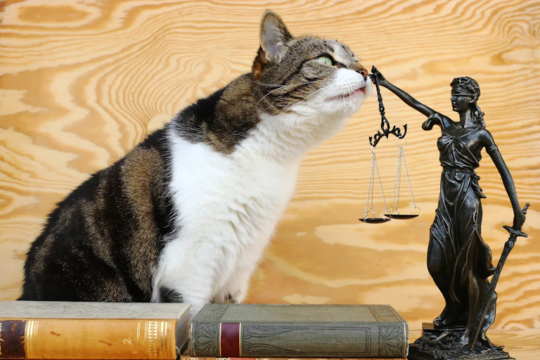 Un chat et une figure de Justitia avec des livres sur fond bois