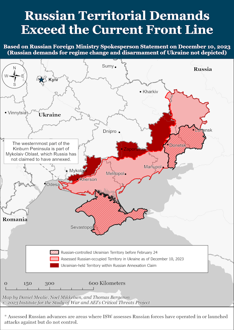 Map of Ukraine showing Russia's territorial demands and the territory it actually holds in Ukraine.