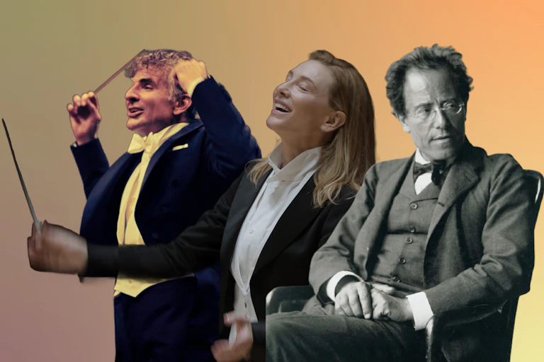 Bradley Cooper conducting in Maestro, Cate Blanchett conducting in Tár and Gustav Mahler sitting.