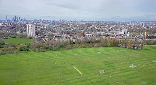 An overhead view of a large urban playing field.