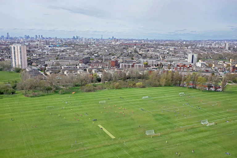 An overhead view of a large urban playing field.