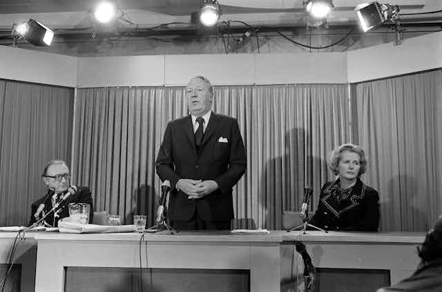Prime Minister Edward Heath and then Education Secretary Margaret Thatcher hold a press conference during three-day week. 
