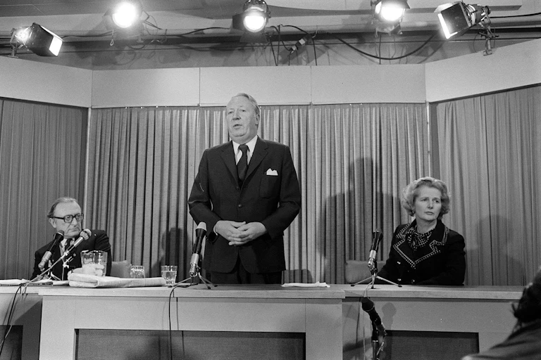 Prime Minister Edward Heath and then Education Secretary Margaret Thatcher hold a press conference during three-day week.