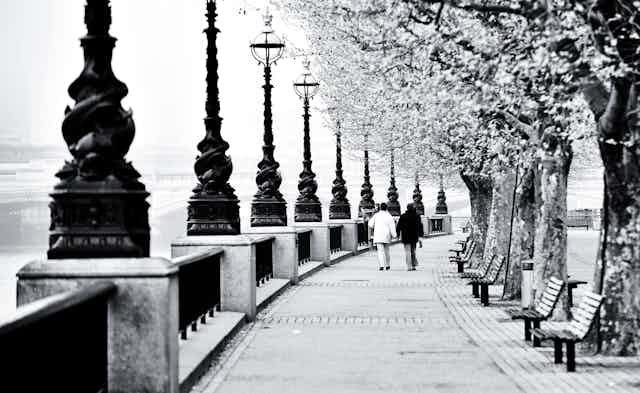 Couple walking along London's Southbank