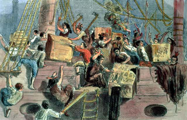 An illustration in color of people opening chests and pouring out their contents.