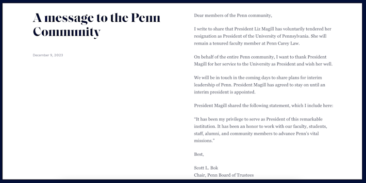 Una captura de pantalla de una carta que anuncia la renuncia de la presidenta de UPenn, Liz Magill.