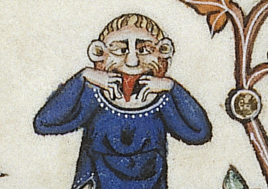 A medieval doodle of a person pulling a funny face.