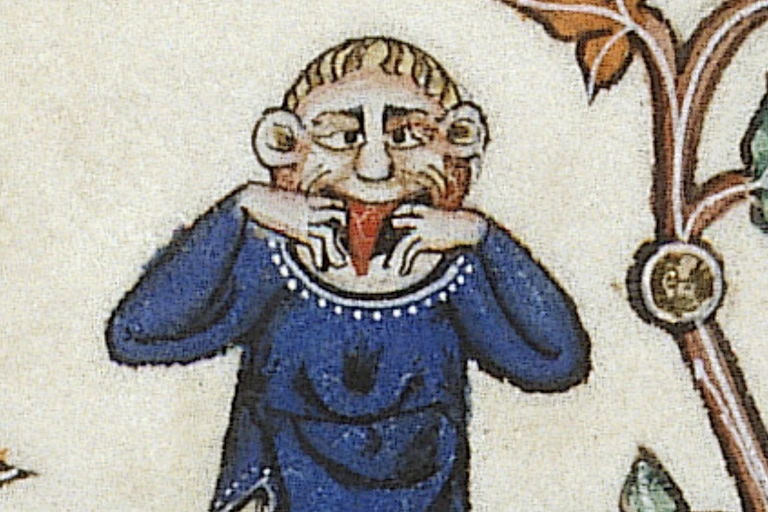 A medieval doodle of a person pulling a funny face.