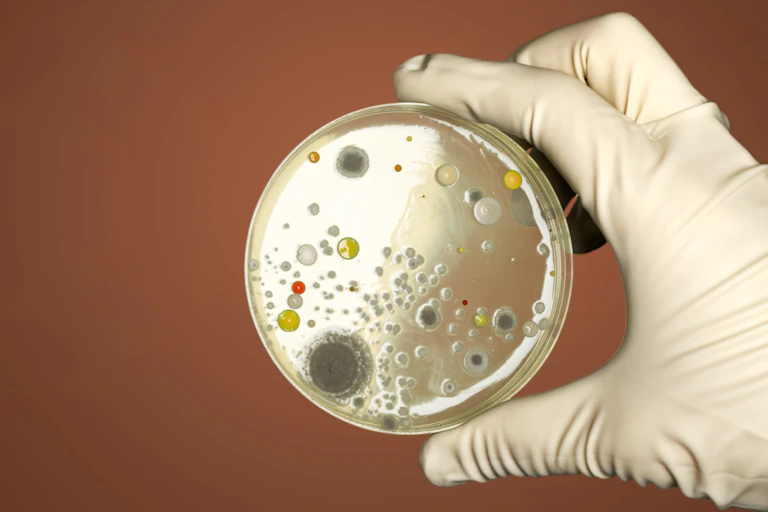 A gloved hand holding a petri dish