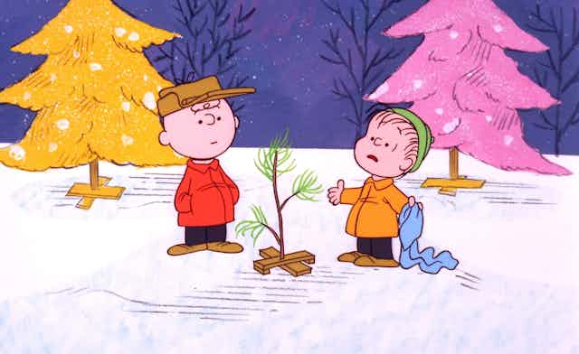 Cartoon of two boys next to a scrappy evergreen tree.