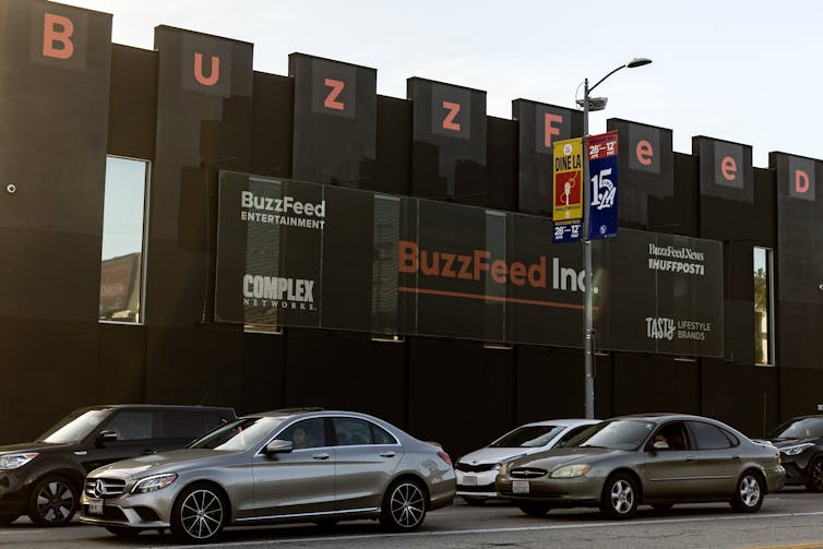 Exterior view of Buzzfeed's large black office in Los Angeles