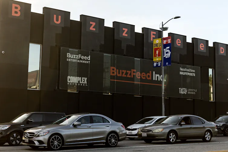 The exterior of the large black Buzzfeed office in LA