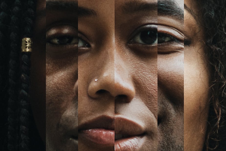 Composite image of African American male and female faces shown close up.