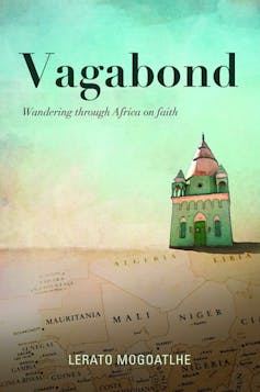 A book cover showing a mosque against a green sky, the earth is comprised of a map of west Africa.