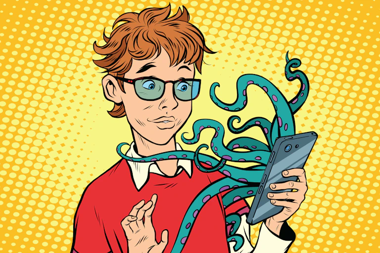 une pieuvre sort d'un smartphone utilisé par un adolescent
