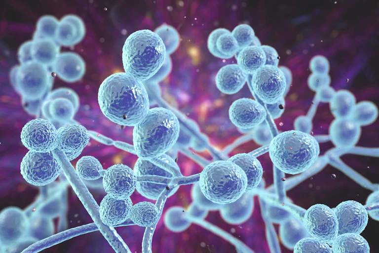 A digital illustration of microscopic Candida albicans.