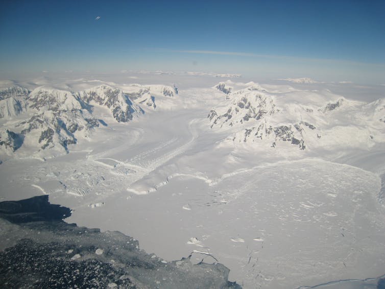 A glacier flowing into the ocean in west Antarctica.