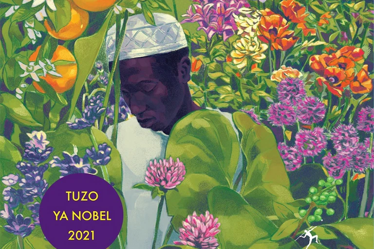 An illustration of a man in white clothes in a garden full of flowers and fruit.