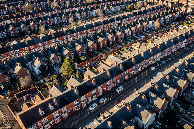 Aerial view of rooftops.