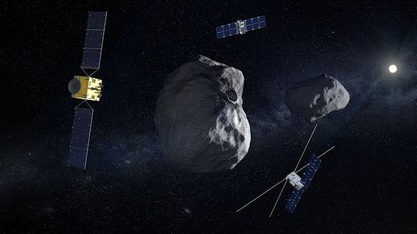 Uma concepção artística da missão Hera para medir literalmente o impacto da missão DART da NASA em 2022