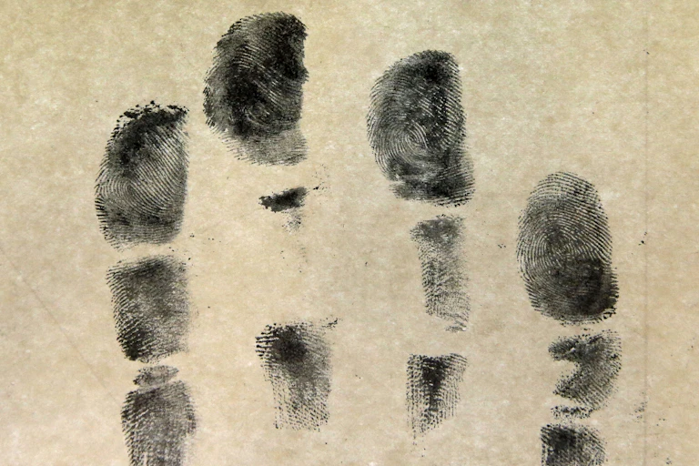 A handprint, shown in dark gray, against a tan background.