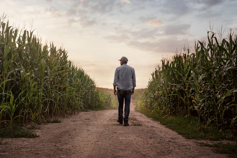 A man in a plaid shirt and jeans walking down a dirt path between fields of corn