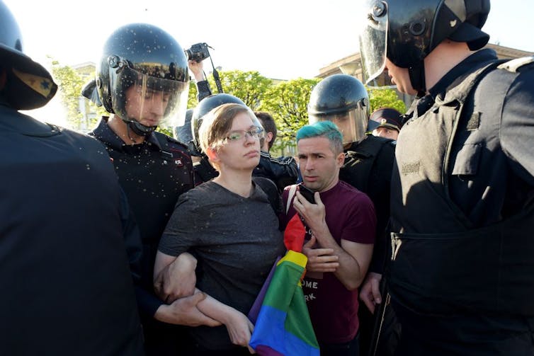 Russian riot police detain gay rights activists during World Day Against Homophobia and Transphobia in St. Petersburg in 2019.Olga Maltseva/AFP via Getty Images