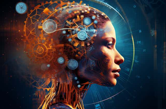 Computer generated artwork of a woman in profile with cogs swirling around her head, amber and teal colours
