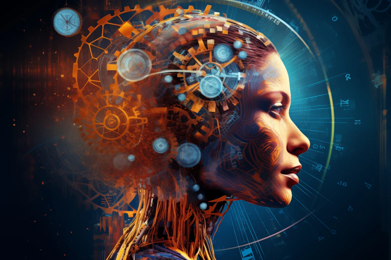 Computer generated artwork of a woman in profile with cogs swirling around her head, amber and teal colours