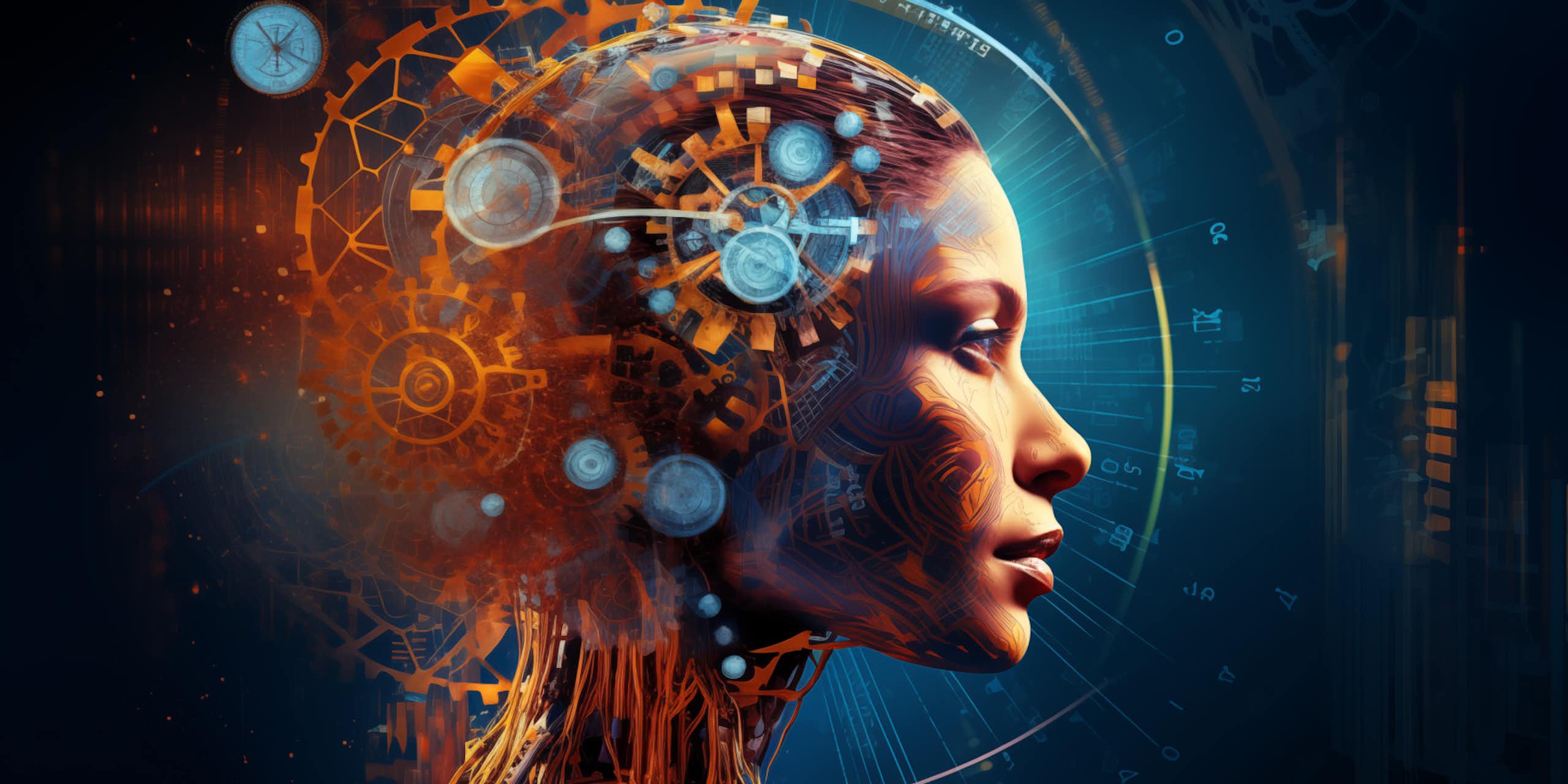 Computer generated artwork of a woman in profile with cogs swirling around her head, amber and teal colours