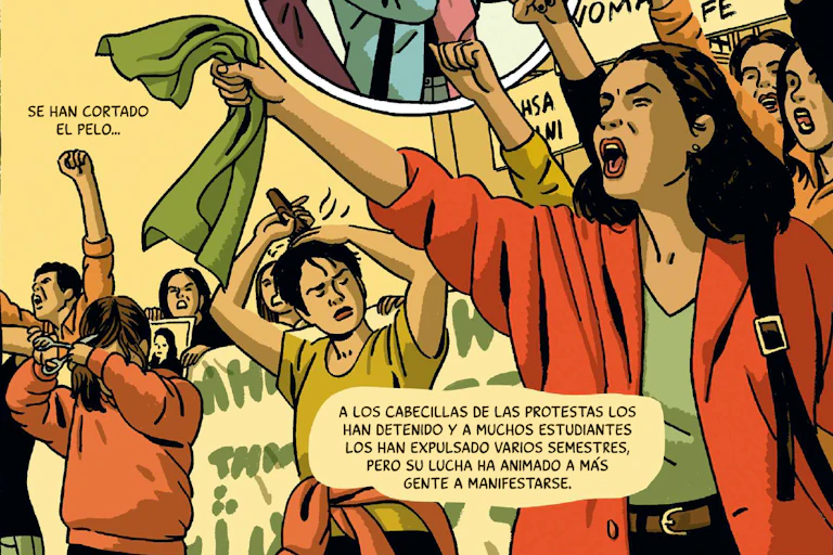 Una viñeta que retrata las protestas de mujeres iranís con manifestantes cortándose el pelo.