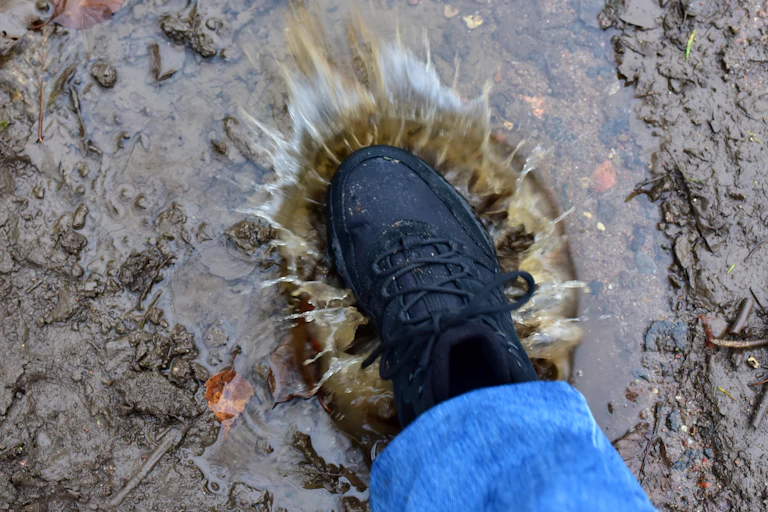 A person's feet in hiking shoes stepping into a puddle.