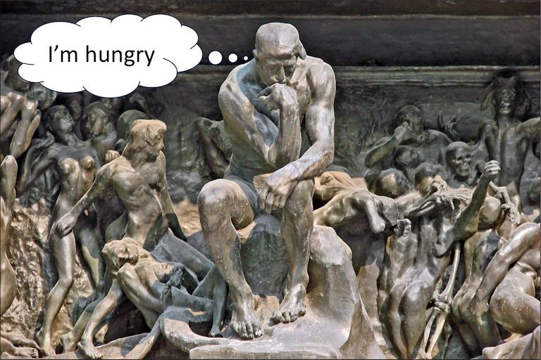 Rodin's the thinker statue with a thought bubble saying "i'm hungry".
