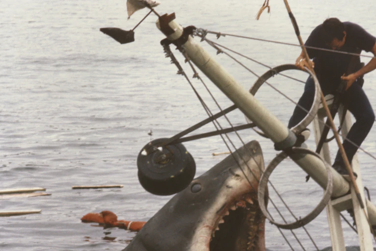 A man on a rig of a sunken ship battles a great white shark