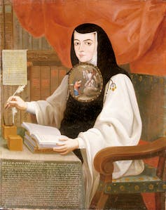 Pintura de una mujer vestida de monja que escribe en sentada a la mesa.