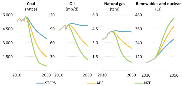 Gráfico que muestra la variación del consumo de energía por escenario de reducción de emisiones y tipo de combustible.
