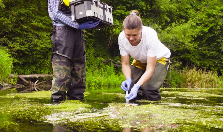 A white woman takes a sample from a body of water. Another person stands next to her carrying a box.