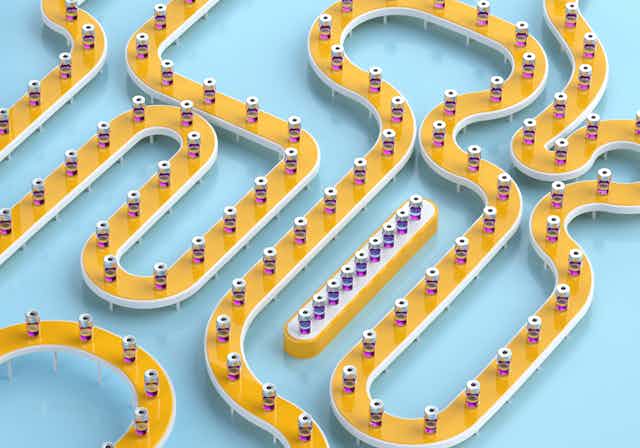 Illustration of winding conveyor belt filled with evenly spaced vials of purple fluid
