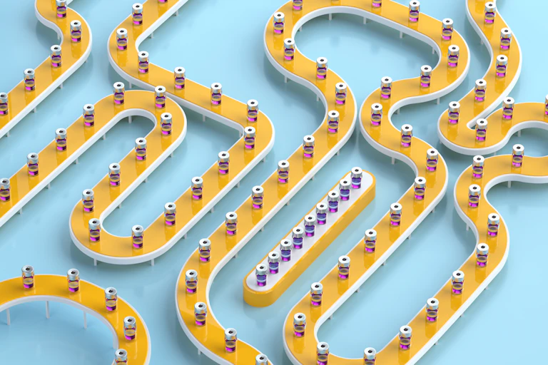 Illustration of winding conveyor belt filled with evenly spaced vials of purple fluid