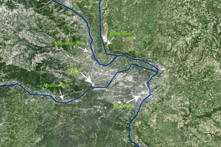Radar imagery showing masses of light and dark blue above a map of St. Louis.