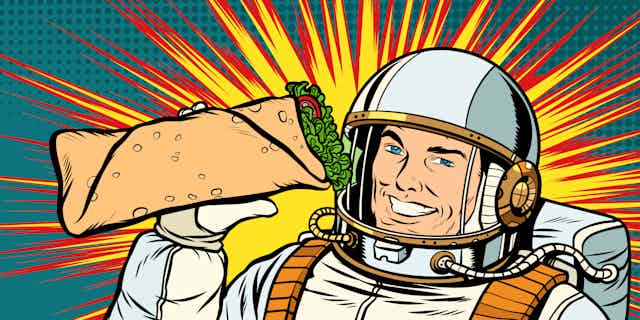 Retro illustration of astronaut holding up healthy wrap to eat
