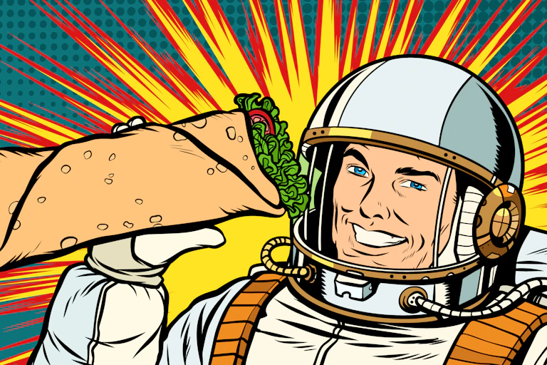 Retro illustration of astronaut holding up healthy wrap to eat