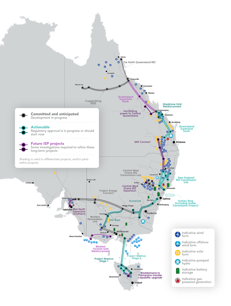 map showing renewable projects and transmission lines Australia