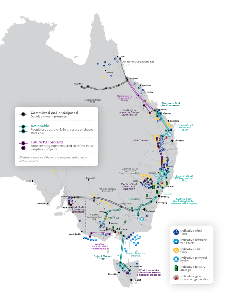 map showing renewable projects and transmission lines Australia