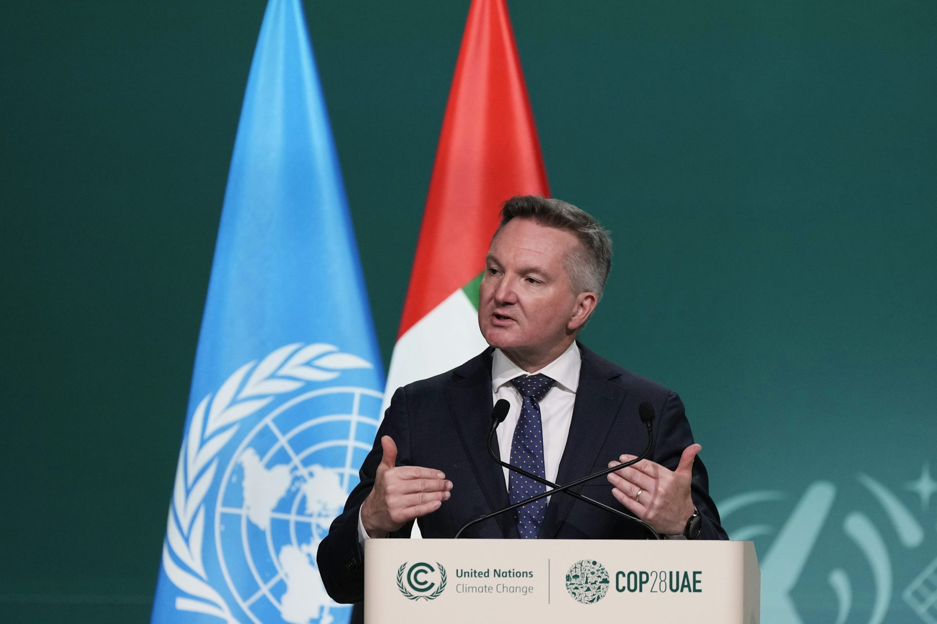 Climate Change Minister Chris Bowen speaking at the COP28 climate summit in Dubai this month.