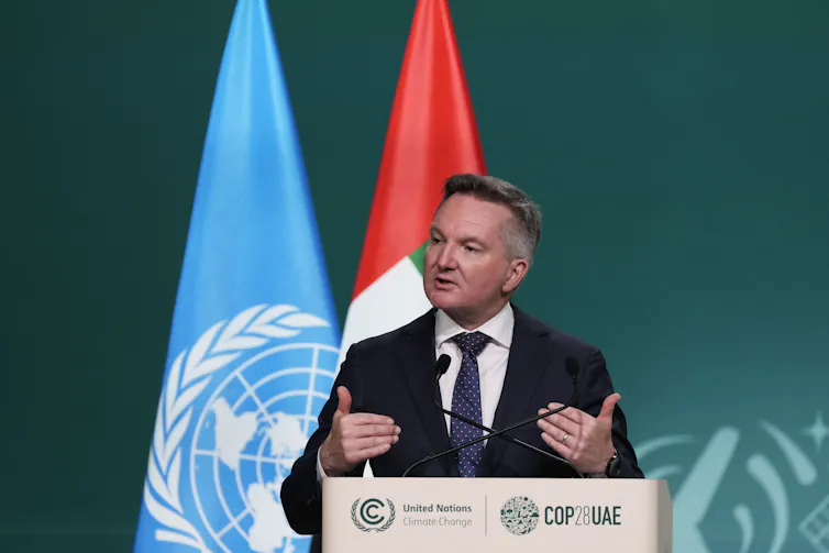 Climate Change Minister Chris Bowen speaking at the COP28 climate summit in Dubai this month.